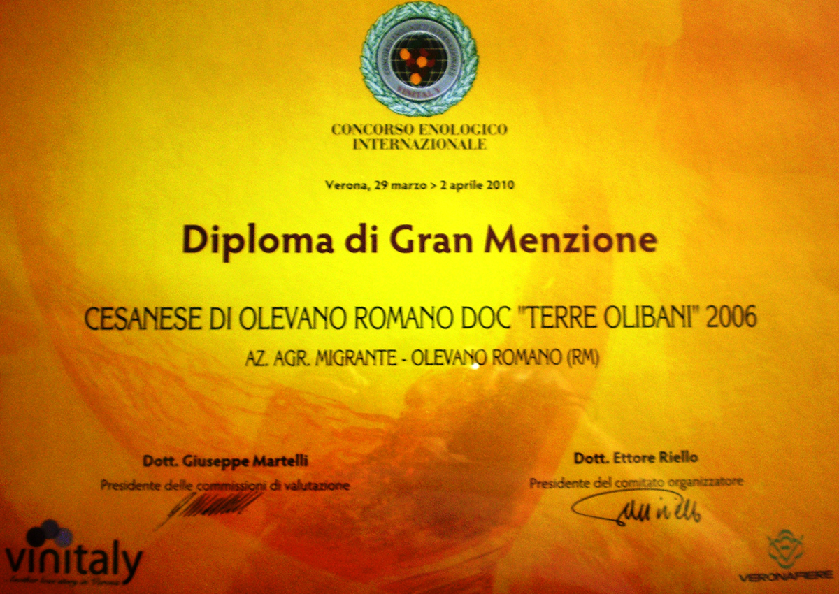 Diploma di Gran Menzione 2010 - Azienda Agricola Migrante - Cesanese di Olevano Romano