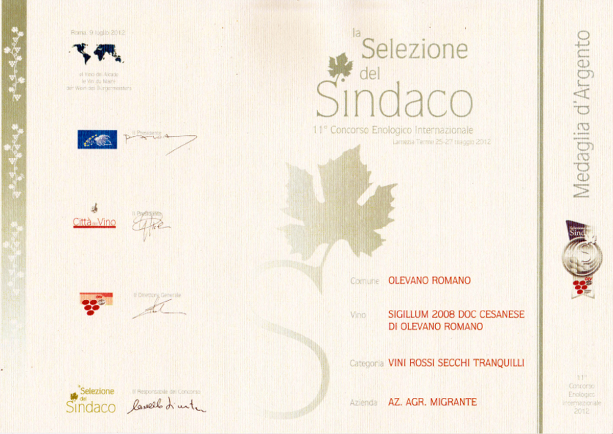 Selezione del Sindaco 2012 - Azienda Agricola Migrante - Cesanese di Olevano Romano