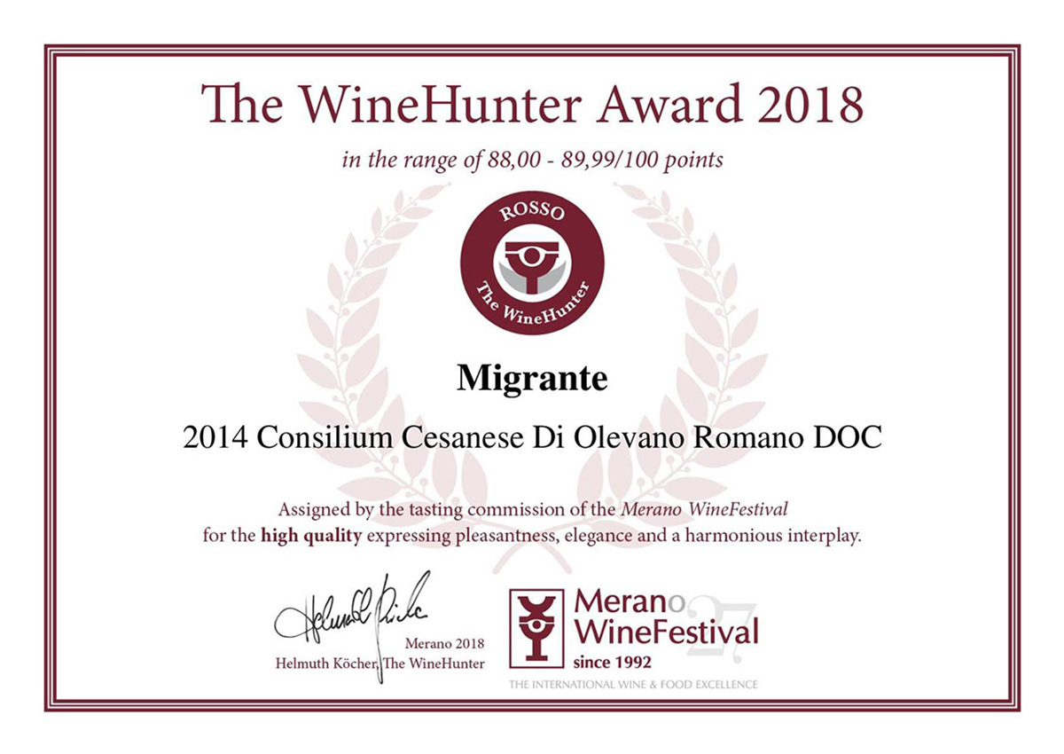 The Wine Hunter Award 2018 - Azienda Agricola Migrante - Cesanese di Olevano Romano