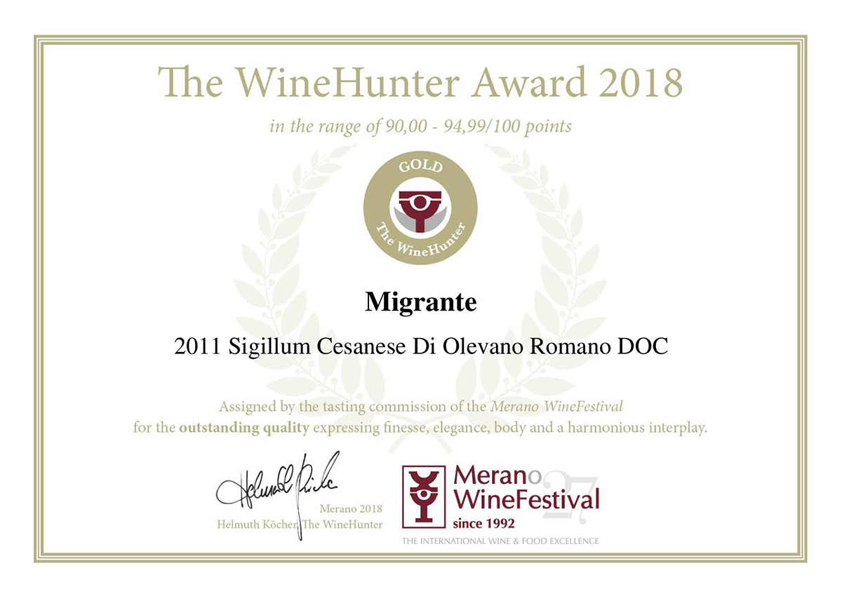 The Wine Hunter Award 2018 - Azienda Agricola Migrante - Cesanese di Olevano Romano